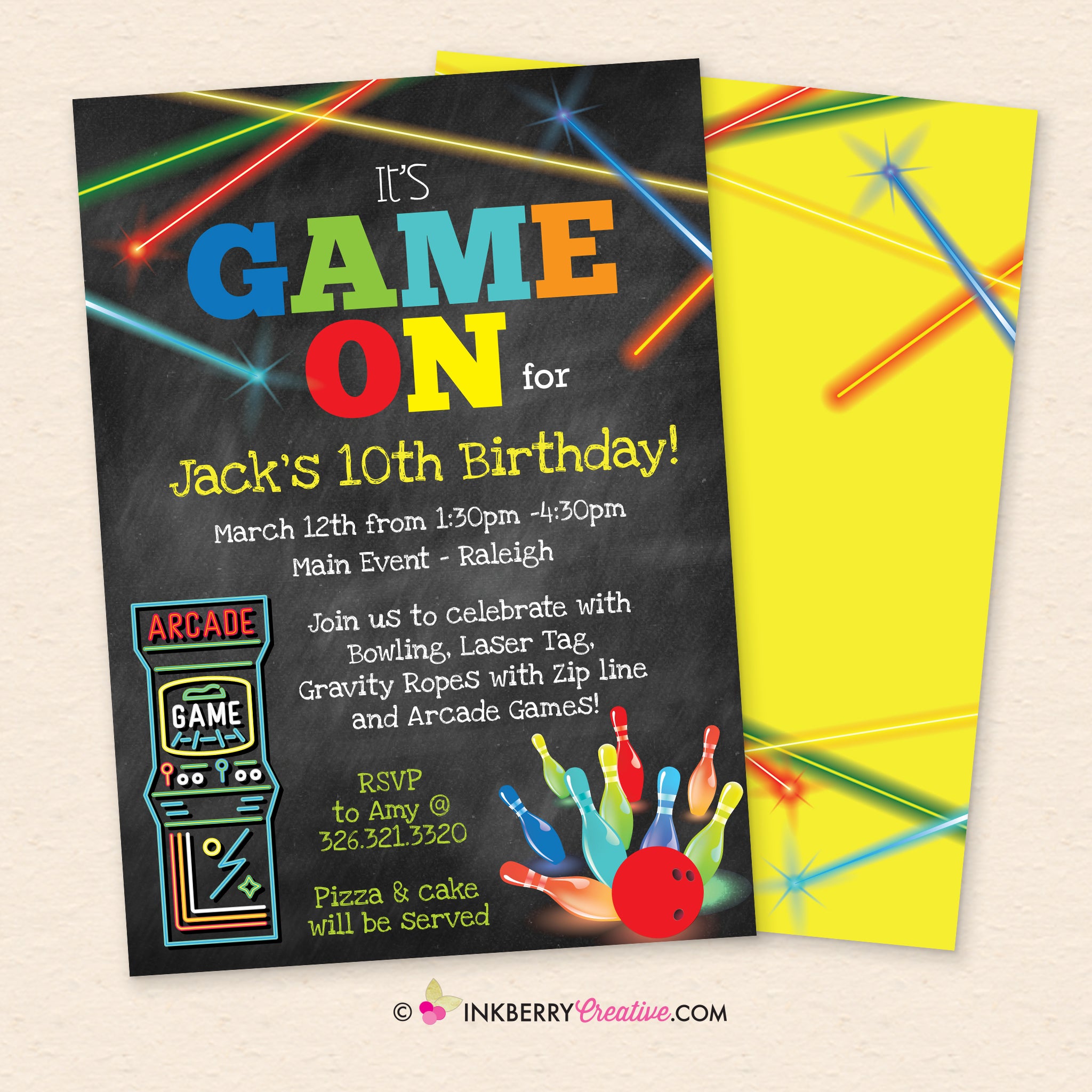 Game On - Arcade Games, Laser Tag, Bowling Birthday Party Invitation – Inkberry Creative, Inc.